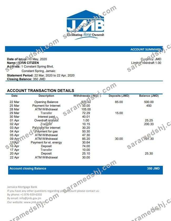 Jamaica Mortgage Bank statement